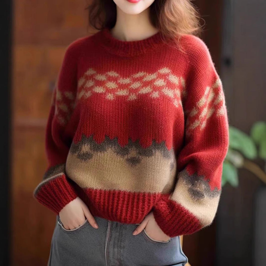 Damen Großer, lässiger Strickpullover mit grafischem Muster Drune