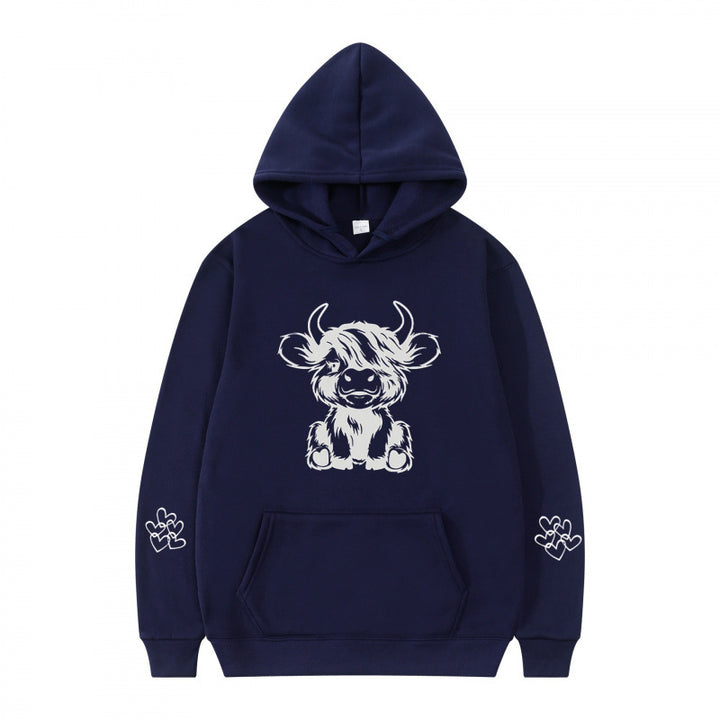 Damen Kapuzensweater mit entzückendem Kuhmotiv und praktischen Kängurutaschen Drune