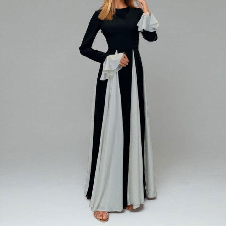 Damen Maxikleid mit eleganten Trompetenärmeln und raffiniertem Farbkontrast Drune
