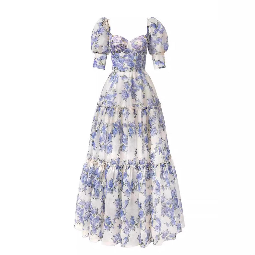 Damen Elegantes Maxikleid mit schulterfreien Rüschenärmeln und floralen Akzenten Drune