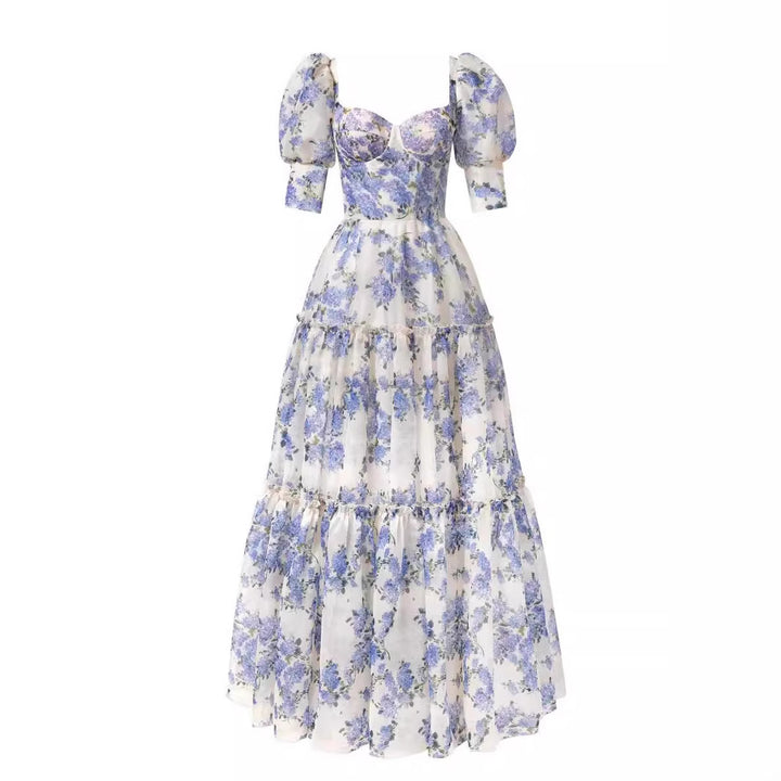 Damen Elegantes Maxikleid mit schulterfreien Rüschenärmeln und floralen Akzenten Drune