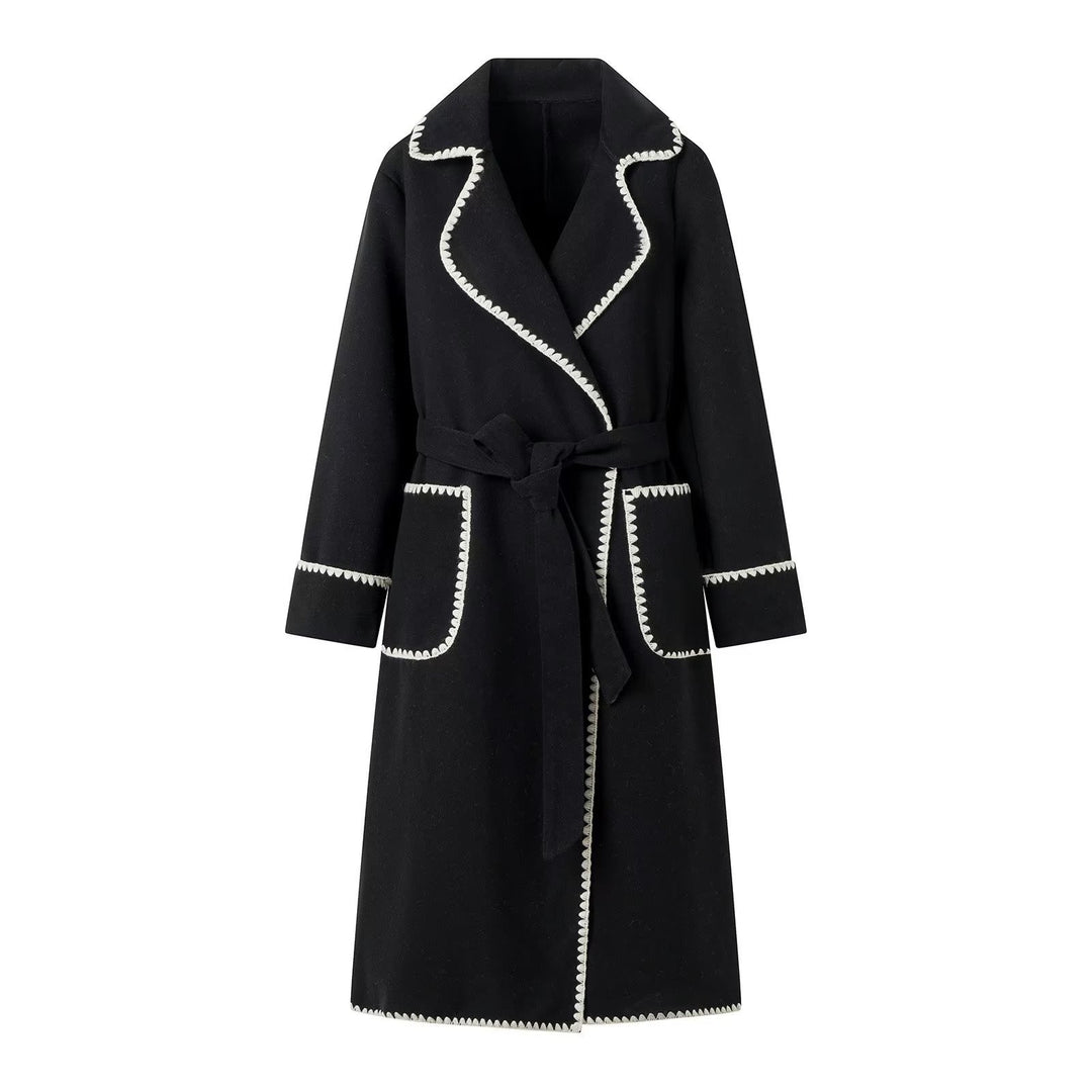 Damen eleganter Longcoat mit Bindegürtel und kontrastierenden Paspeln Drune