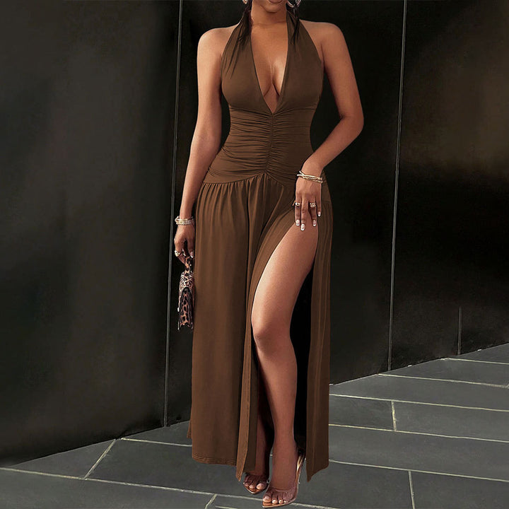 Damen Maxikleid mit tiefem V-Ausschnitt und seitlichem Schlitz Drune