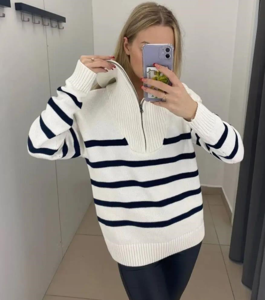 Damen gestreifter Pullover mit hohem Kragen und Reißverschluss Drune