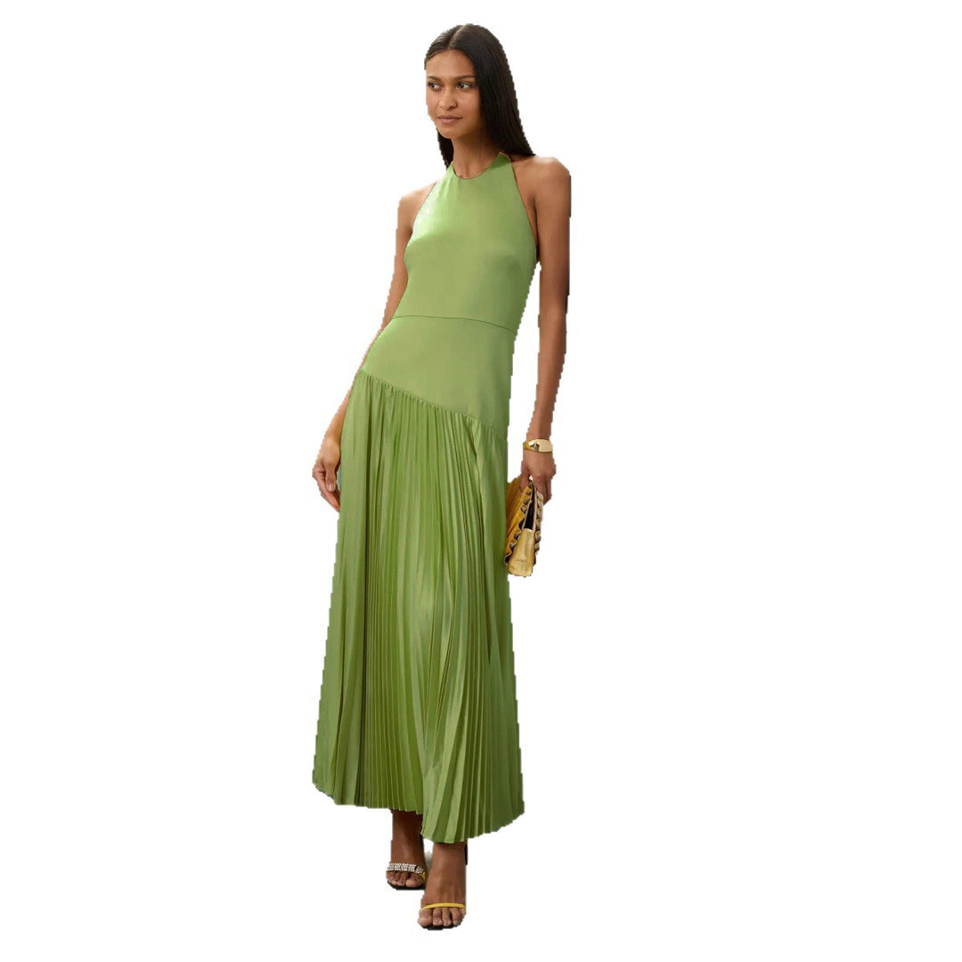 Damen Elegantes Maxi-Kleid mit fließendem Faltenrock und Halterneck-Design Drune