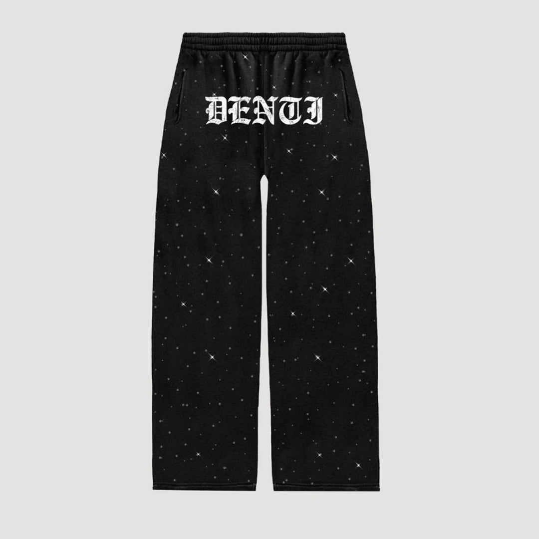 Damen nan Loungehose mit Galaxie-Sternenprint, geradem Bein, elastischem Komfortbund und gotischem Schriftzug Drune