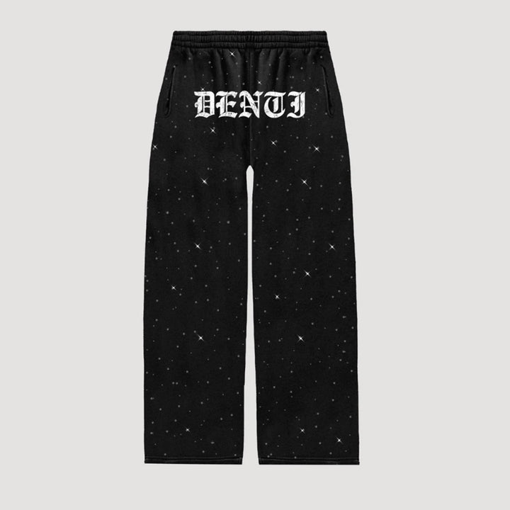 Damen nan Loungehose mit Galaxie-Sternenprint, geradem Bein, elastischem Komfortbund und gotischem Schriftzug Drune