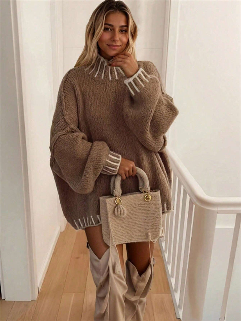 Damen Oversized Strickpullover mit dekorativem Kragen Drune