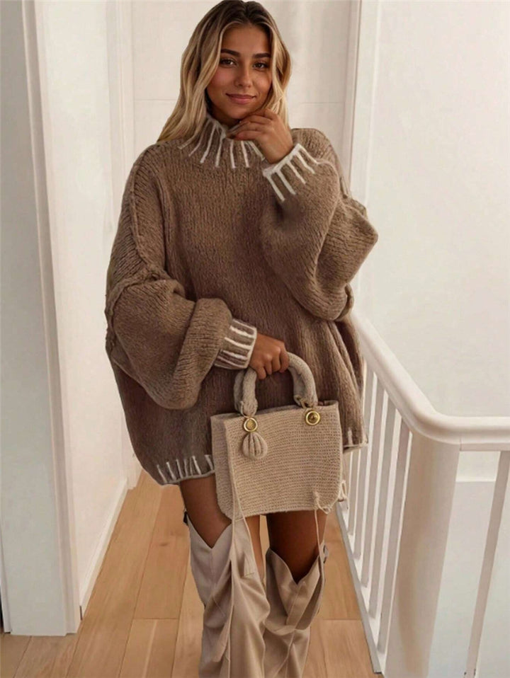 Damen Oversized Strickpullover mit dekorativem Kragen Drune