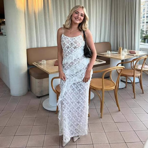 Damen Elegantes Spitzen-Maxikleid mit asymmetrischen Drapierungen Drune