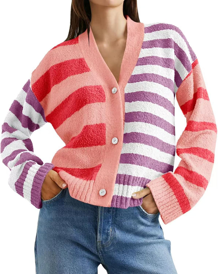 Damen Gemusterte Strickjacke mit farbenfrohem Streifenmuster und Knopfdetails Drune