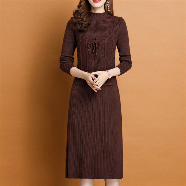 Damen elegantes Strickkleid mit hochgeschlossenem Kragen und dekorativem Zopfdesign Drune