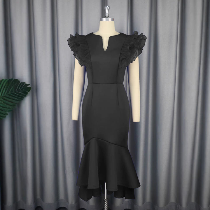 Damen figurbetontes Kleid mit voluminösen Rüschenärmel Drune