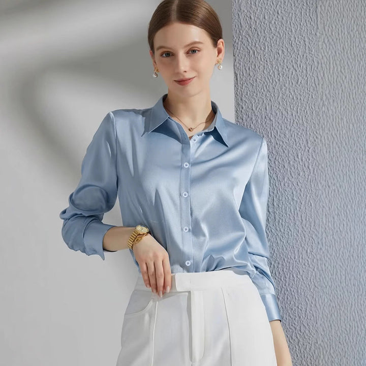 Damen Luxus Satin-Bluse mit elegantem Kragen und weichen Ärmeln Drune