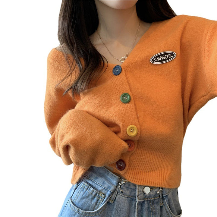 Damen Strickjacke mit bunten Knöpfen und V-Ausschnitt Drune