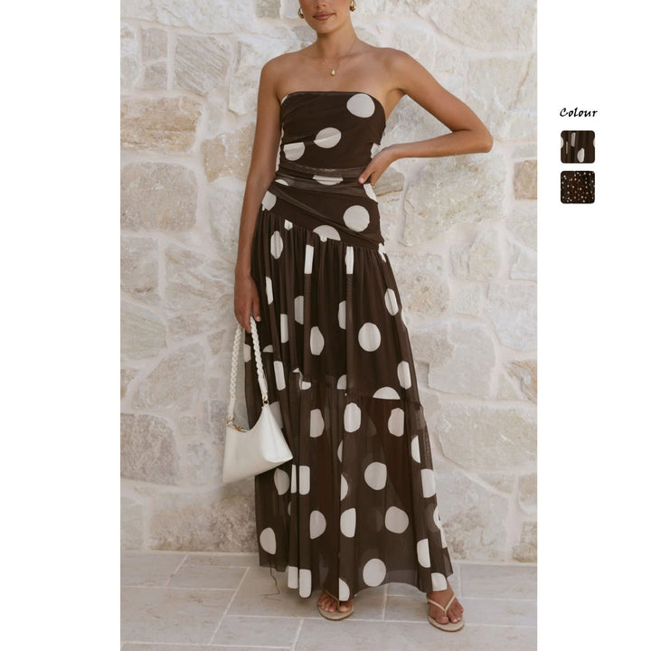 Damen Maxikleid mit schulterfreiem Schnitt und verspieltem Punktenmuster Drune