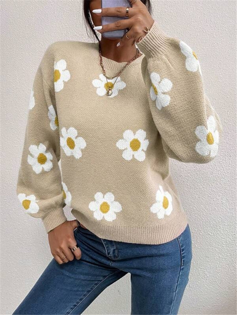 Damen Strickpullover mit verspieltem Blumenmuster und eleganten Puffärmeln Drune