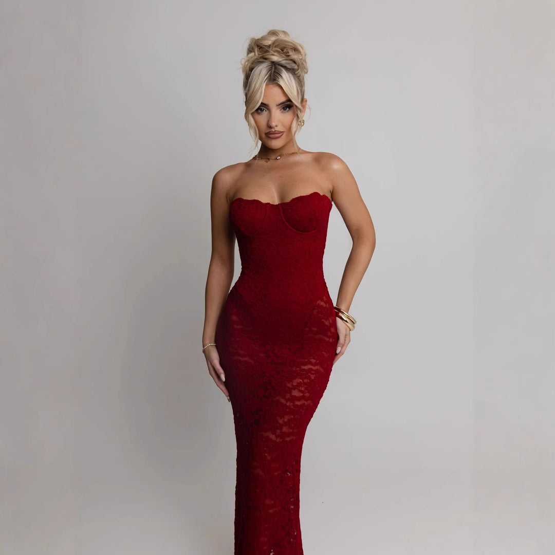 Damen Spitzenabendkleid mit herzförmigem Ausschnitt und figurbetontem Schnitt Drune