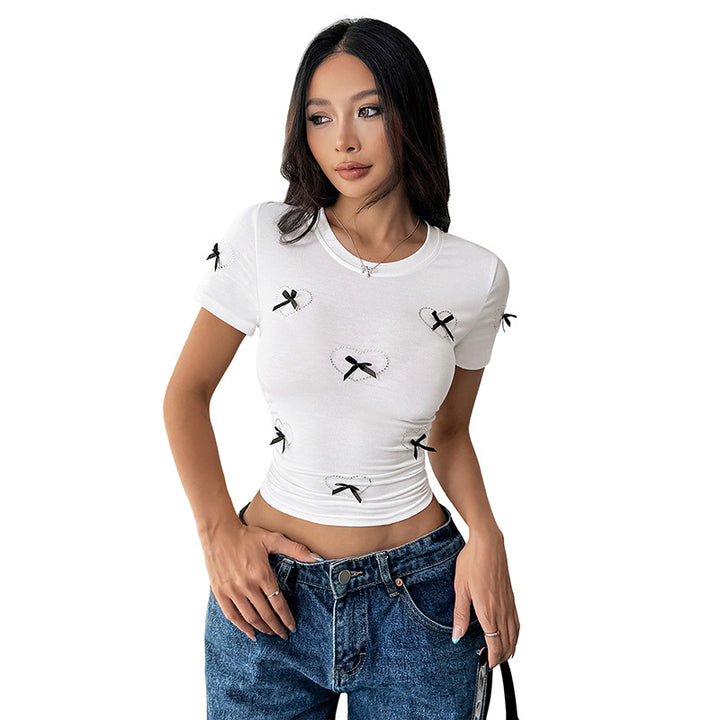 Damen cropped T-Shirt mit verspielten Schleifenmotiven Drune