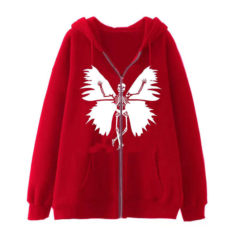 Damen Zip-Hoodie mit einzigartigem Skelett- und Schmetterlingsmotiv Drune