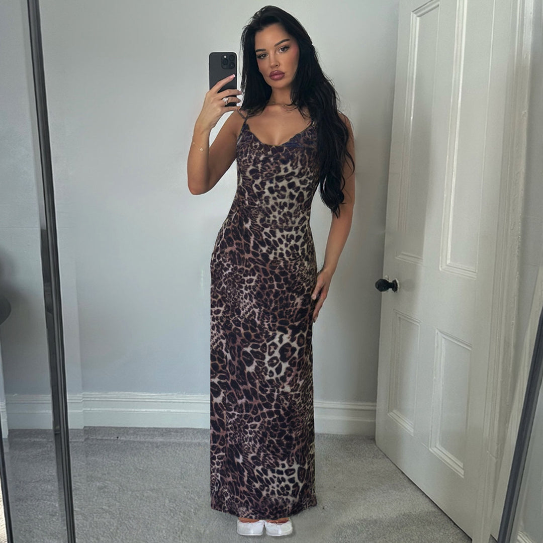 Damen Maxi Kleid mit elegantem Leopardenmuster und schmalen Trägern Drune