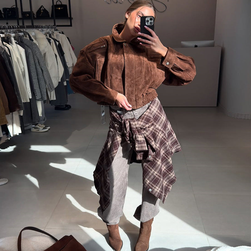 Damen Lässige Wildlederjacke mit abnehmbarer Kapuze Drune