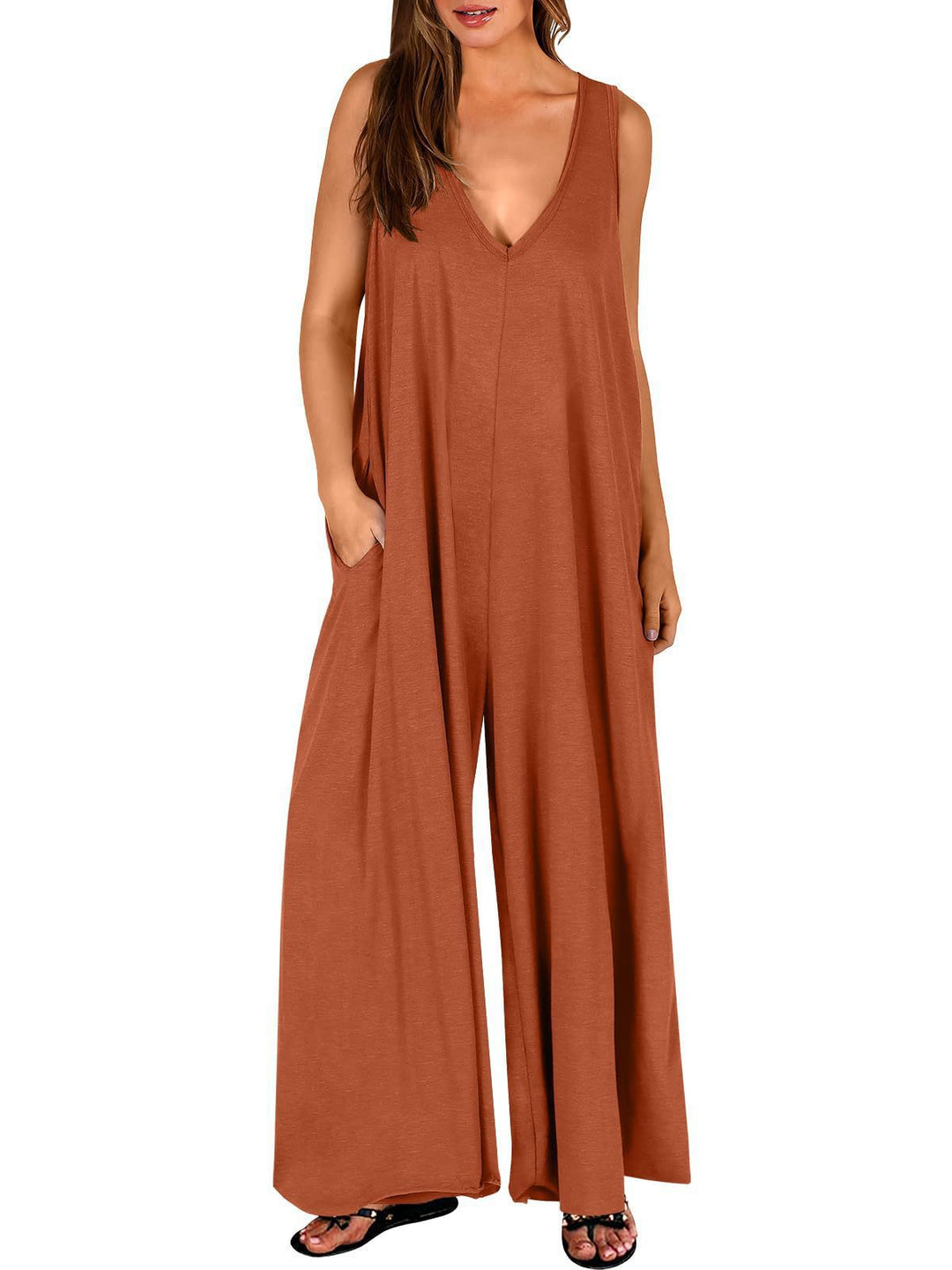 Damen weit geschnittene Jumpsuit mit V-Ausschnitt Drune