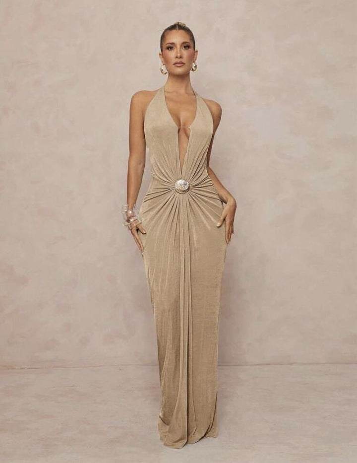 Damen Glamouröses Abendkleid mit tiefem V-Ausschnitt und eleganter Drapierung Drune