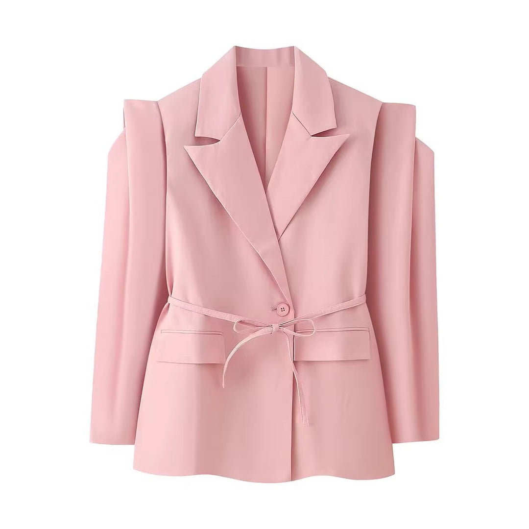 Damen modische Blazerjacke mit Bindegürtel Drune