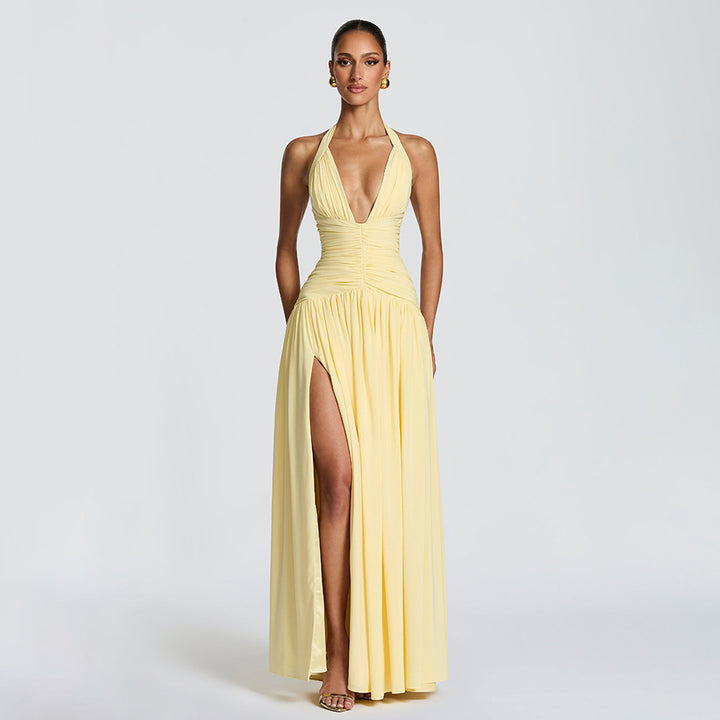 Damen Maxikleid mit tiefem V-Ausschnitt und figurbetonter Raffung Drune