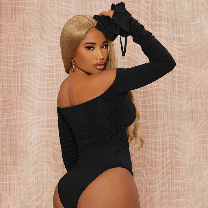 Damen eleganter Off-Shoulder Bodysuit mit Rüschendetails und langen Ärmeln Drune