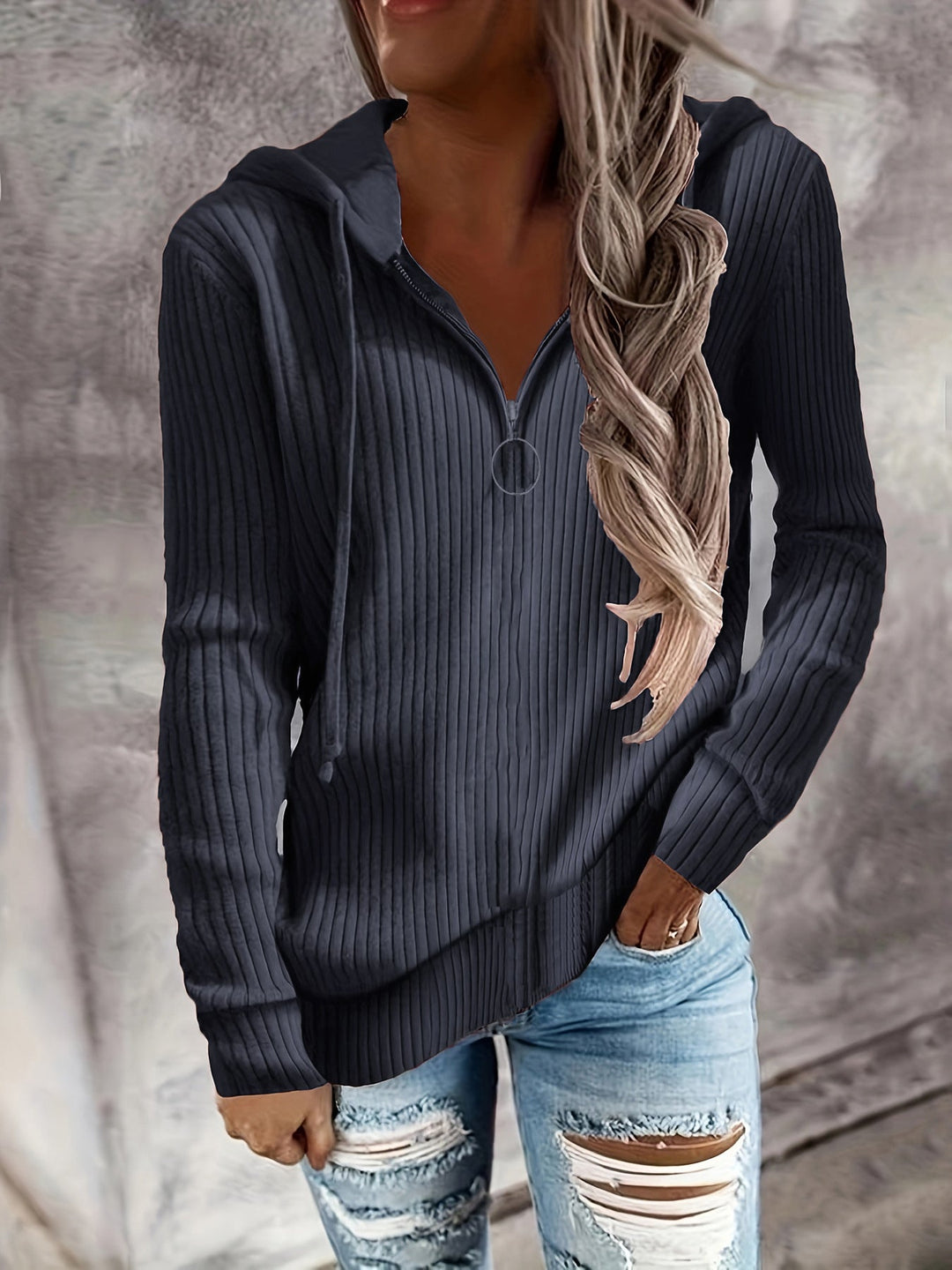 Damen lässiger Zip-Hoodie mit strukturiertem Rippmuster Drune