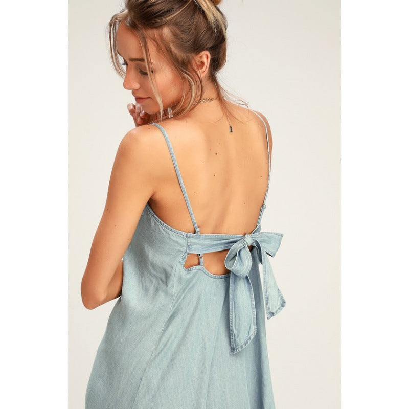 Damen lässiges Midi-Kleid mit Knopfleiste und Spagettiträgern Drune