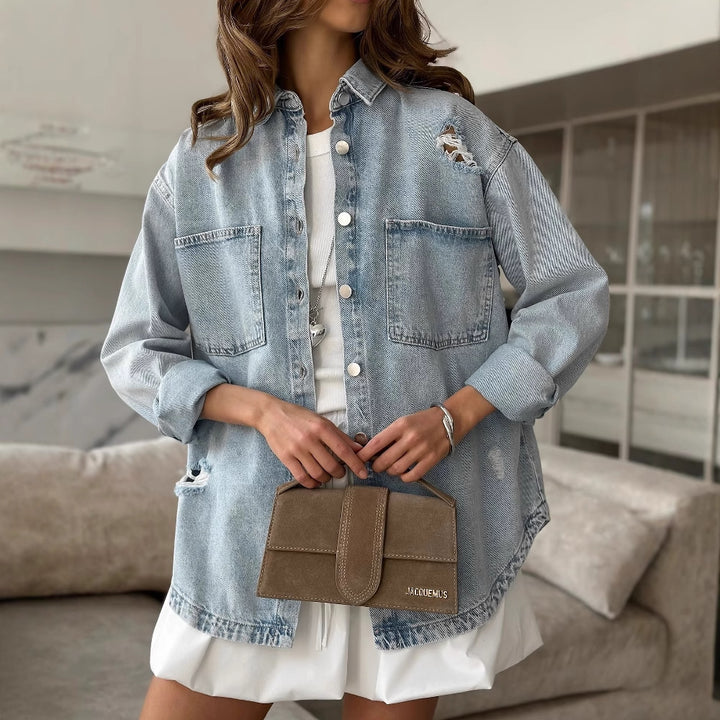 Damen Jeansjacke mit lässigem Oversized-Schnitt und destruktiven Details Drune
