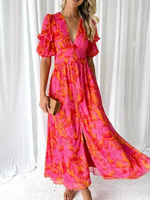 Damen Maxikleid mit floralem Print und tiefem V-Ausschnitt Drune