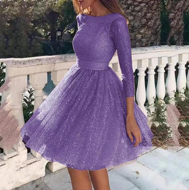Damen A-Linien Abendkleid mit schimmerndem Tüll und langen Ärmeln Drune