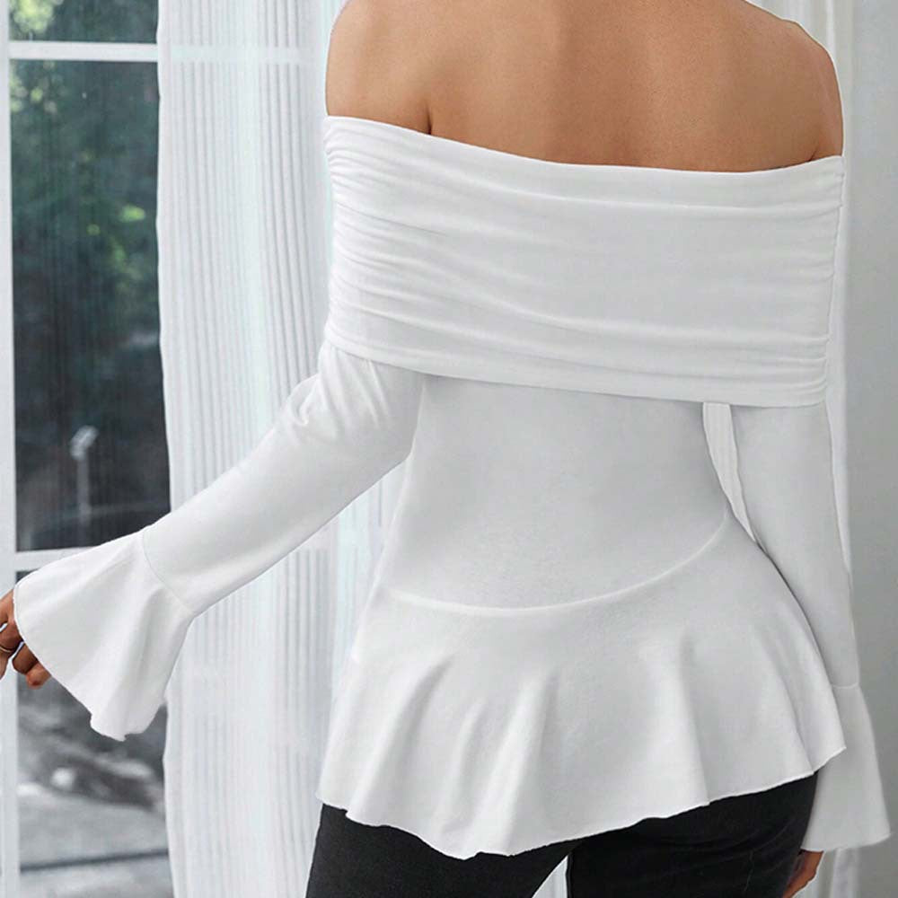 Damen Off-Shoulder Oberteil mit schickem Volant und langen Ärmeln Drune