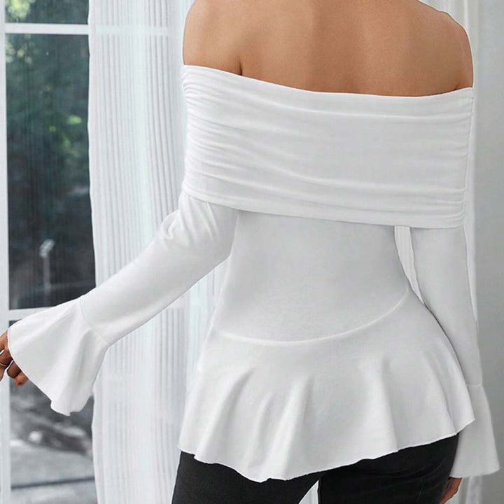 Damen Off-Shoulder Oberteil mit schickem Volant und langen Ärmeln Drune