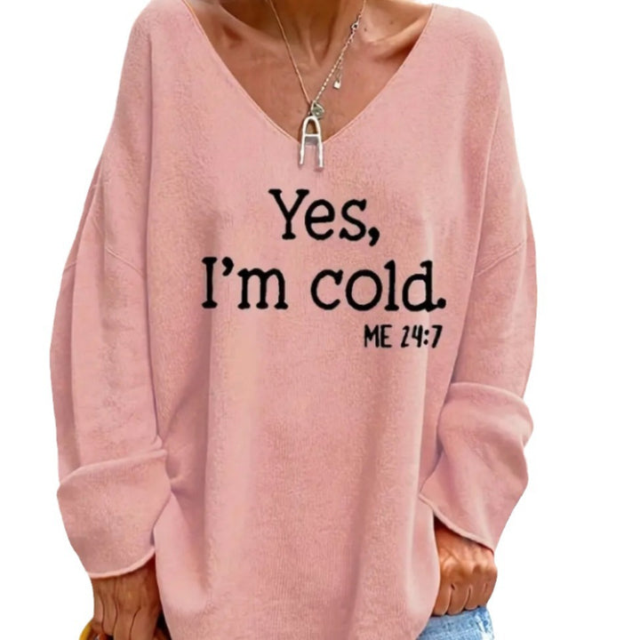 Damen Oversized Pullover mit modernem V-Ausschnitt und aufgedrucktem Statement Drune