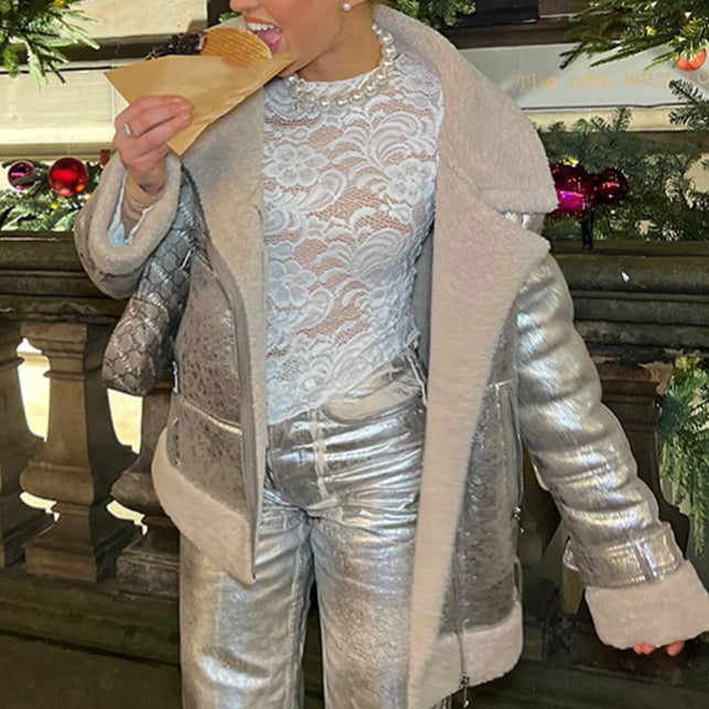 Damen Modische Übergangsjacke mit luxuriösem Kunstfellbesatz und glänzender Oberfläche Drune