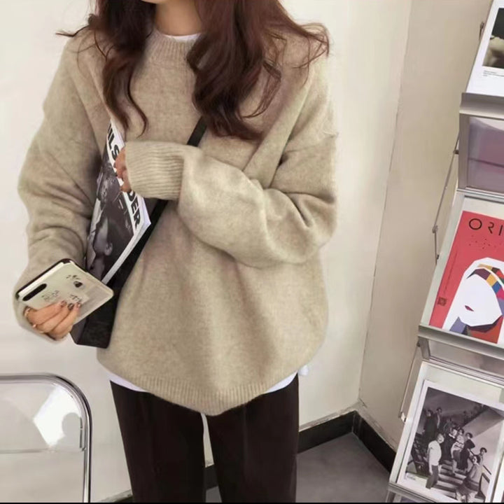 Damen Grober Oversized Pullover mit hohem Kragen und Rippstrick Drune
