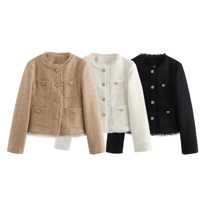 Damen elegante Tweedjacke mit Fransen und praktischen Taschen Drune