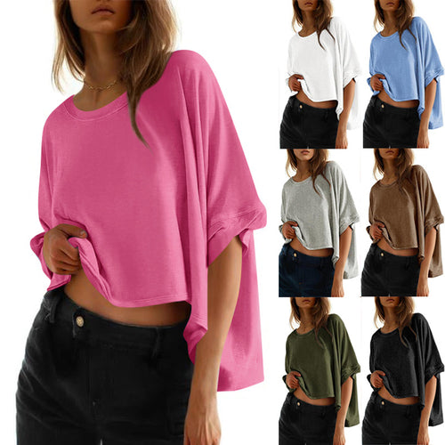 Damen lässiges cropped Oberteil mit weiten Ärmeln und Rundhalsausschnitt Drune