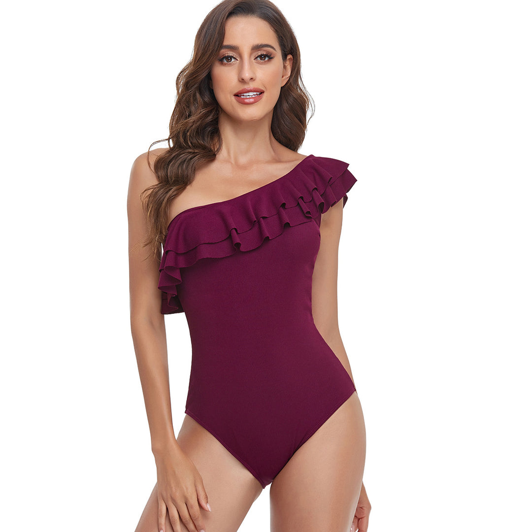 Damen Einteiliger Badeanzug mit asymmetrischem Rüschendesign Drune