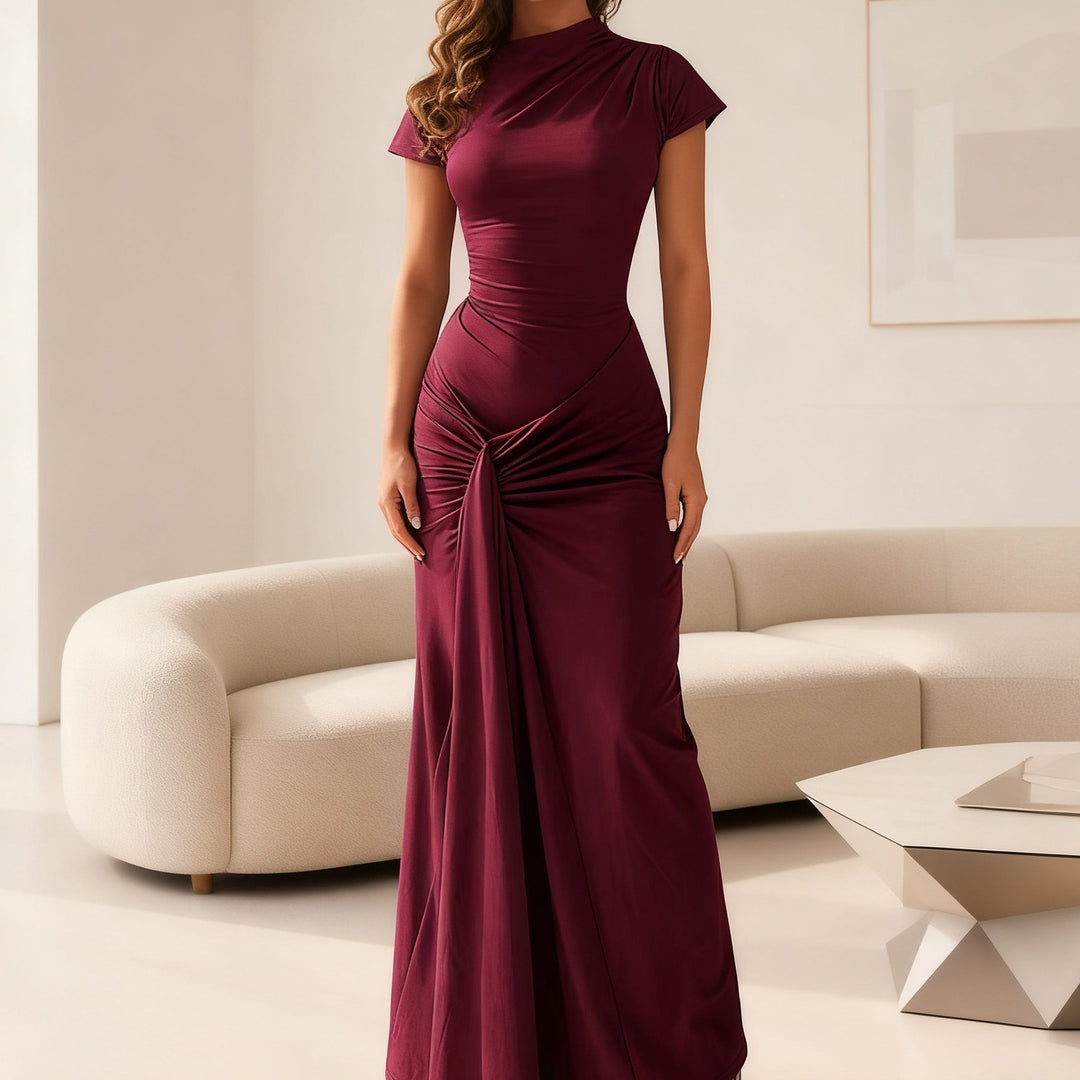 Damen Elegantes Langarm Maxi-Kleid mit Drapierung und figurformendem Schnitt Drune
