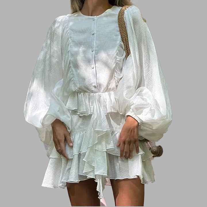 Damen verspieltes Rüschensommerkleid mit ballonförmigen Ärmeln und Knopfdetail Drune