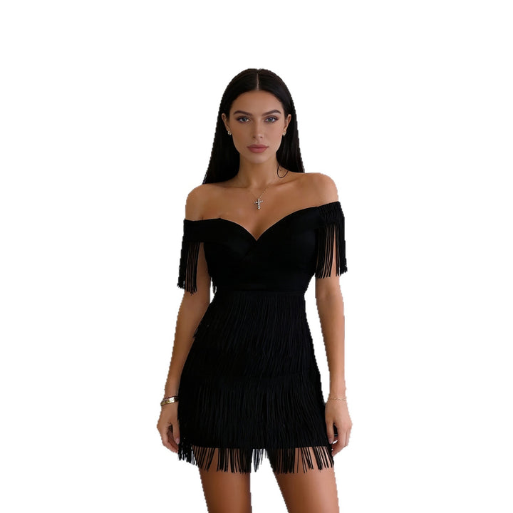 Damen Off-Shoulder Kleid mit Fransen Drune