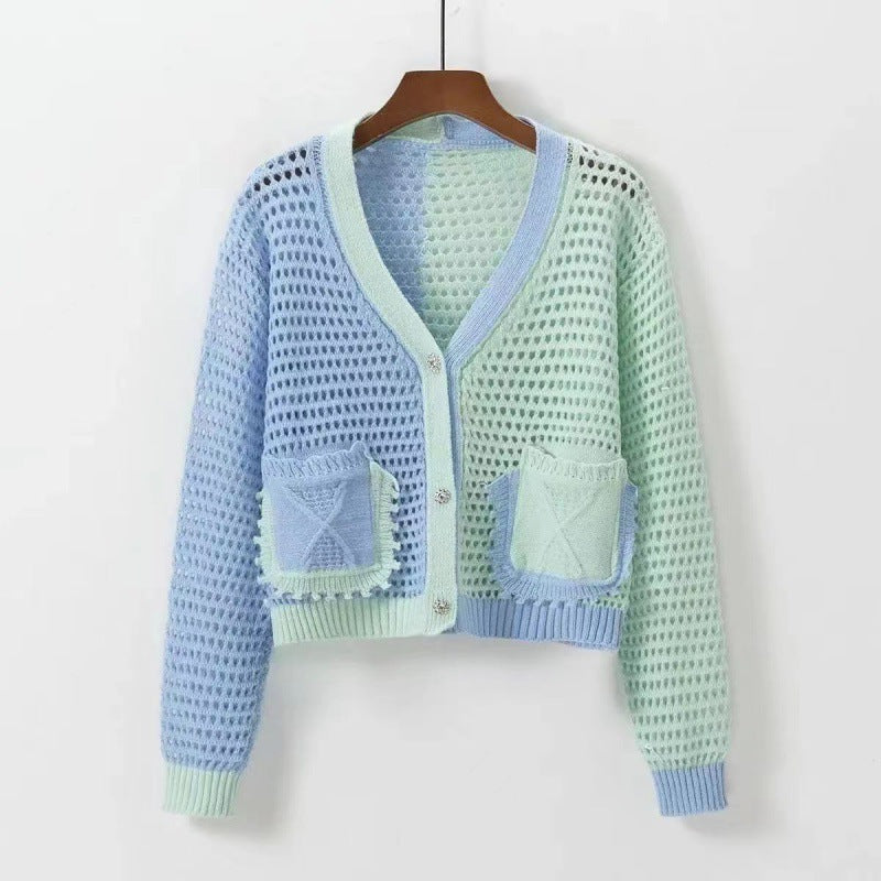 Damen luftiger Strickcardigan mit feiner Netzstruktur und aufgesetzten Taschen Drune