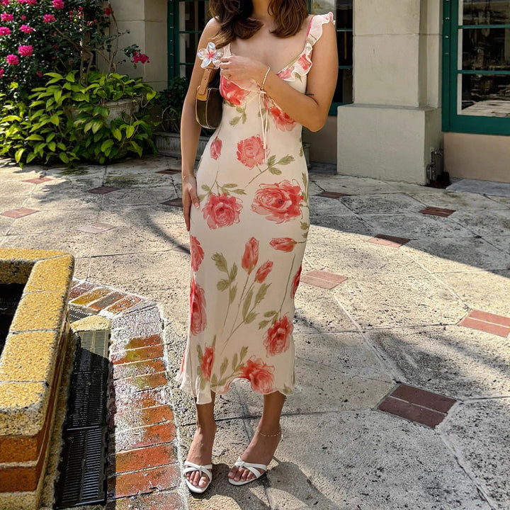 Damen Maxikleid mit floralem Design und Spaghetti-Trägern Drune