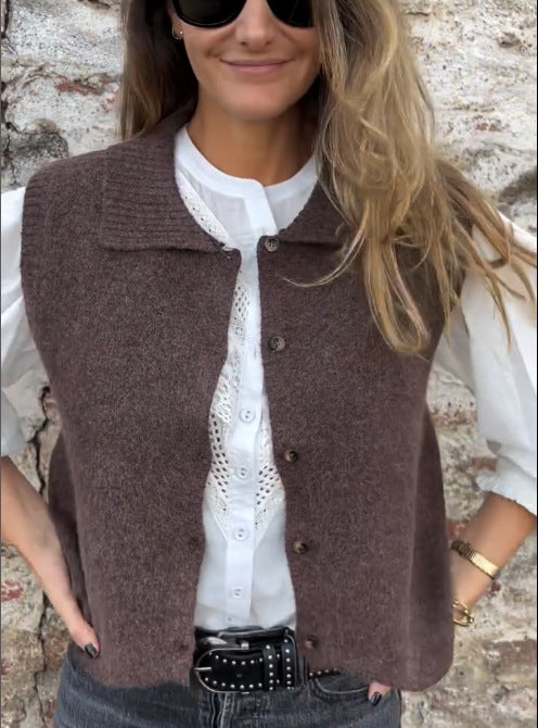 Damen Strickweste mit klassischem Kragen und modischen Knopfdetails Drune